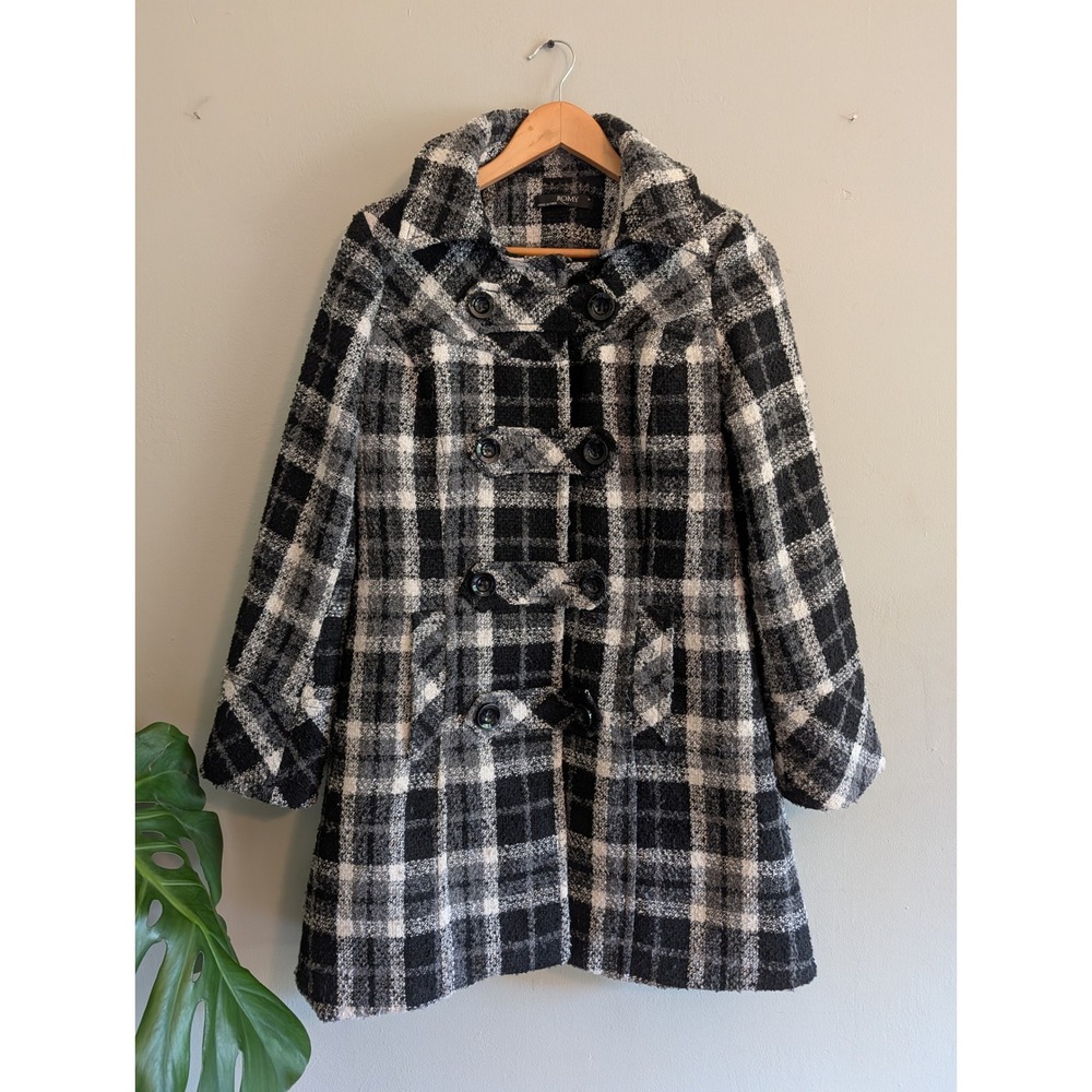Romy Black White Plaid Pea Coat Double Breasted Boucle Y2K Indie Sleaze Medium